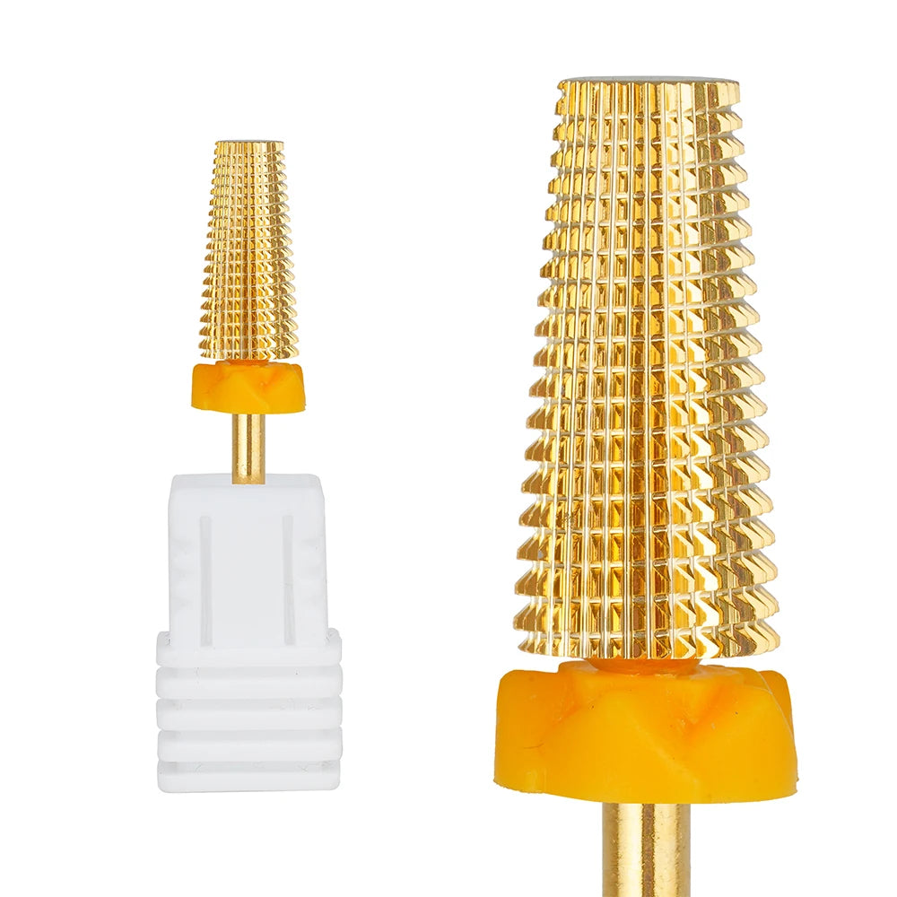 Professional 5 in 1 Tungsten Carbide Manicure T-Shaped Teeth  XF Gold Small Barrel Tornado Nail Drill Bits