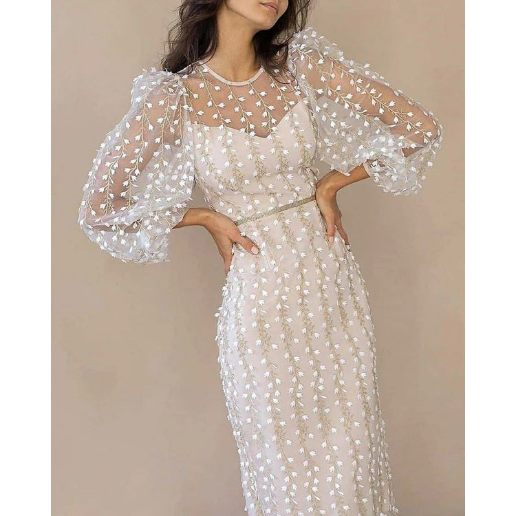 Hot Selling New Temperament Embroidery Perspective Mesh Dresses Elegant Solid Color Dresses