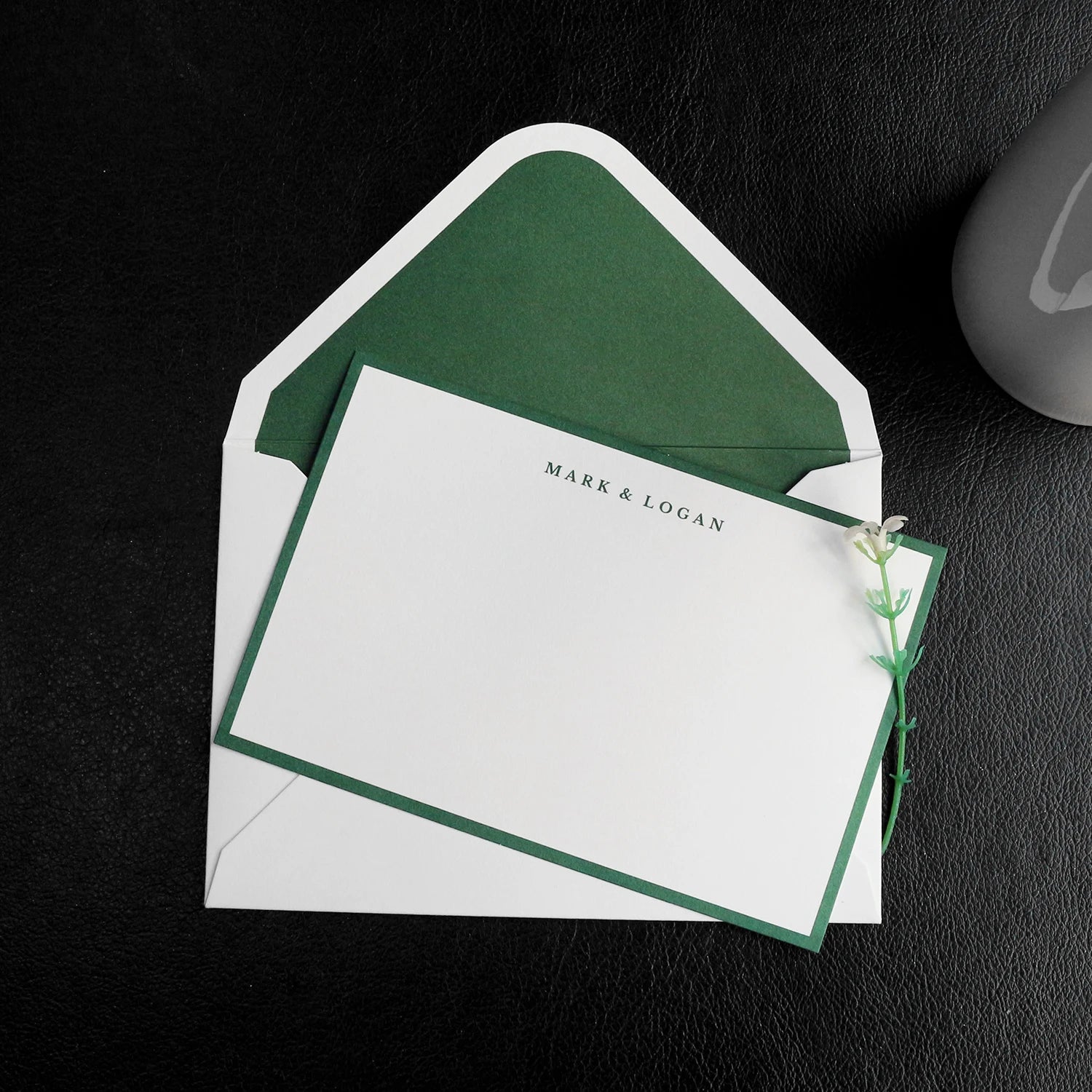 Custom Business Envelope with Green Paper Lining and Two Deck Writable Plain Card Various Texture Color Options Frost Emerald