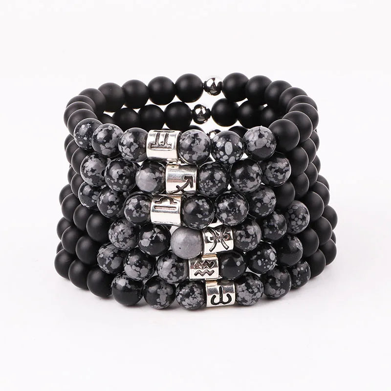 Simple Cheap Charm Bracelet Black Onyx Snowflake Stone Beads Lucky Beaded 12 Zodiac Bracelet Women Men Natural Stone Round