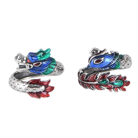 S925 Sterling Silver Ring for Men and Women Retro Enamel Dragon Phoenix Open Ring Couple Hiphop Rock Jewelry