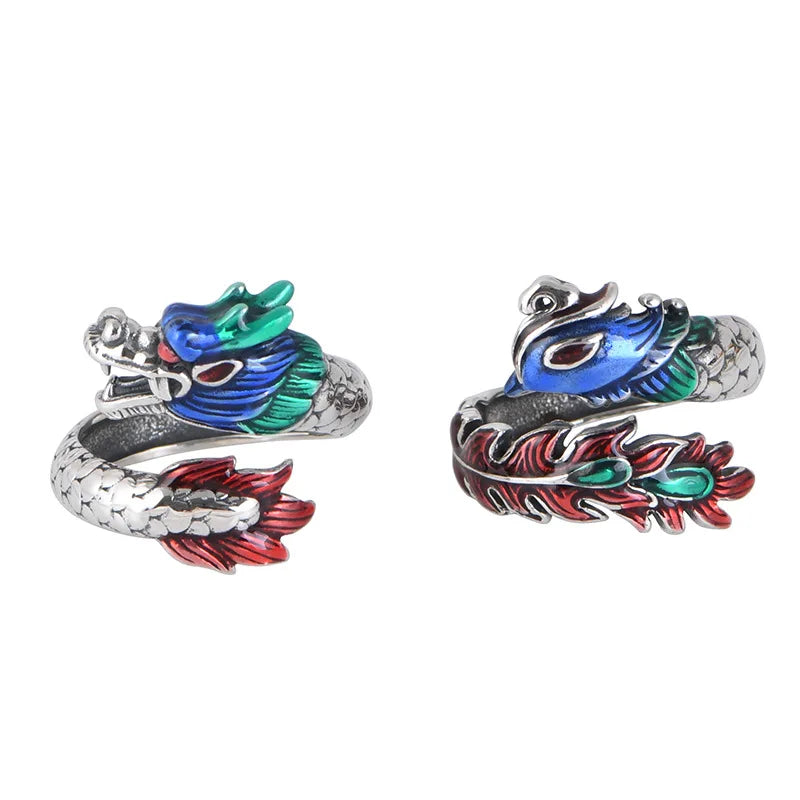 S925 Sterling Silver Ring for Men and Women Retro Enamel Dragon Phoenix Open Ring Couple Hiphop Rock Jewelry