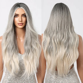 Front Lace Long Wavy Platinum Ombre Lace Hairline Wigs Blonde Highlight Gray Brown Wigs for Women Daily Heat Resistant Hair