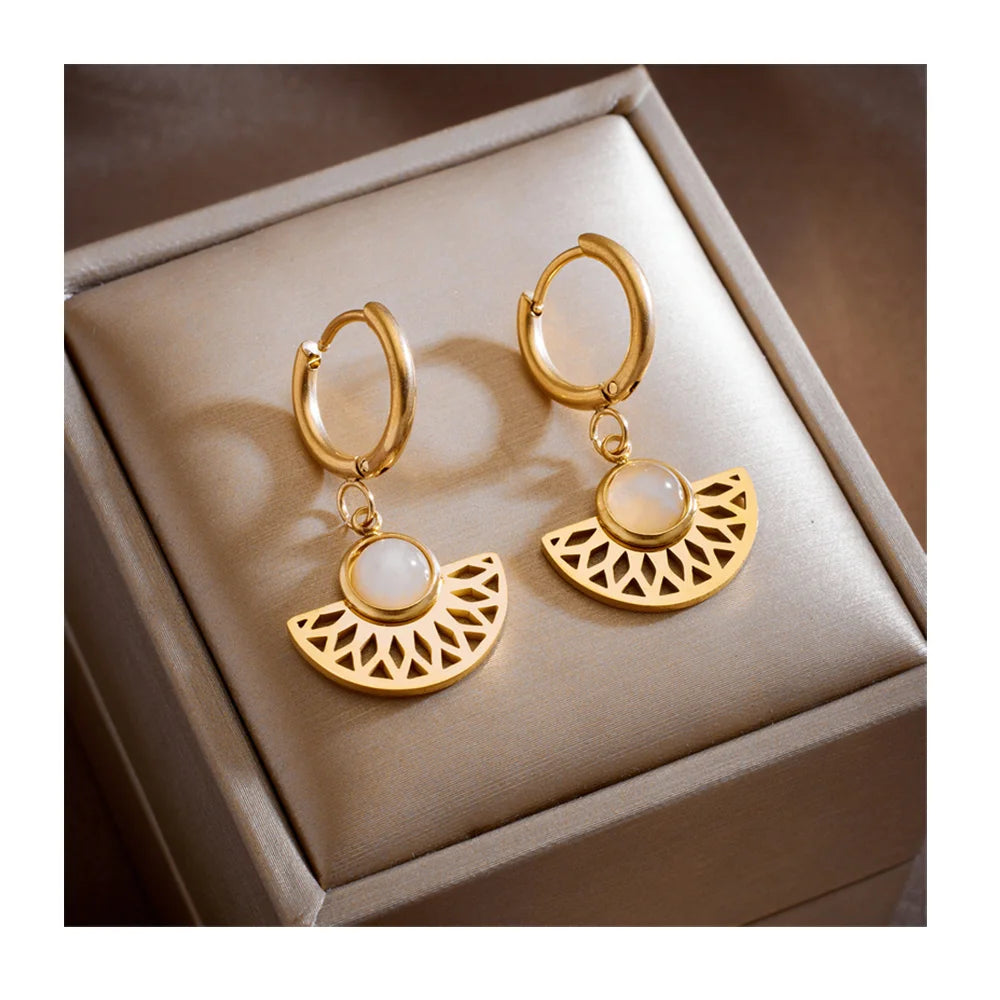 2023 Fashion Tarnish Free 316l Stainless Steel Hollow Fan Shaped Natural Stone Drop Earrings for Women