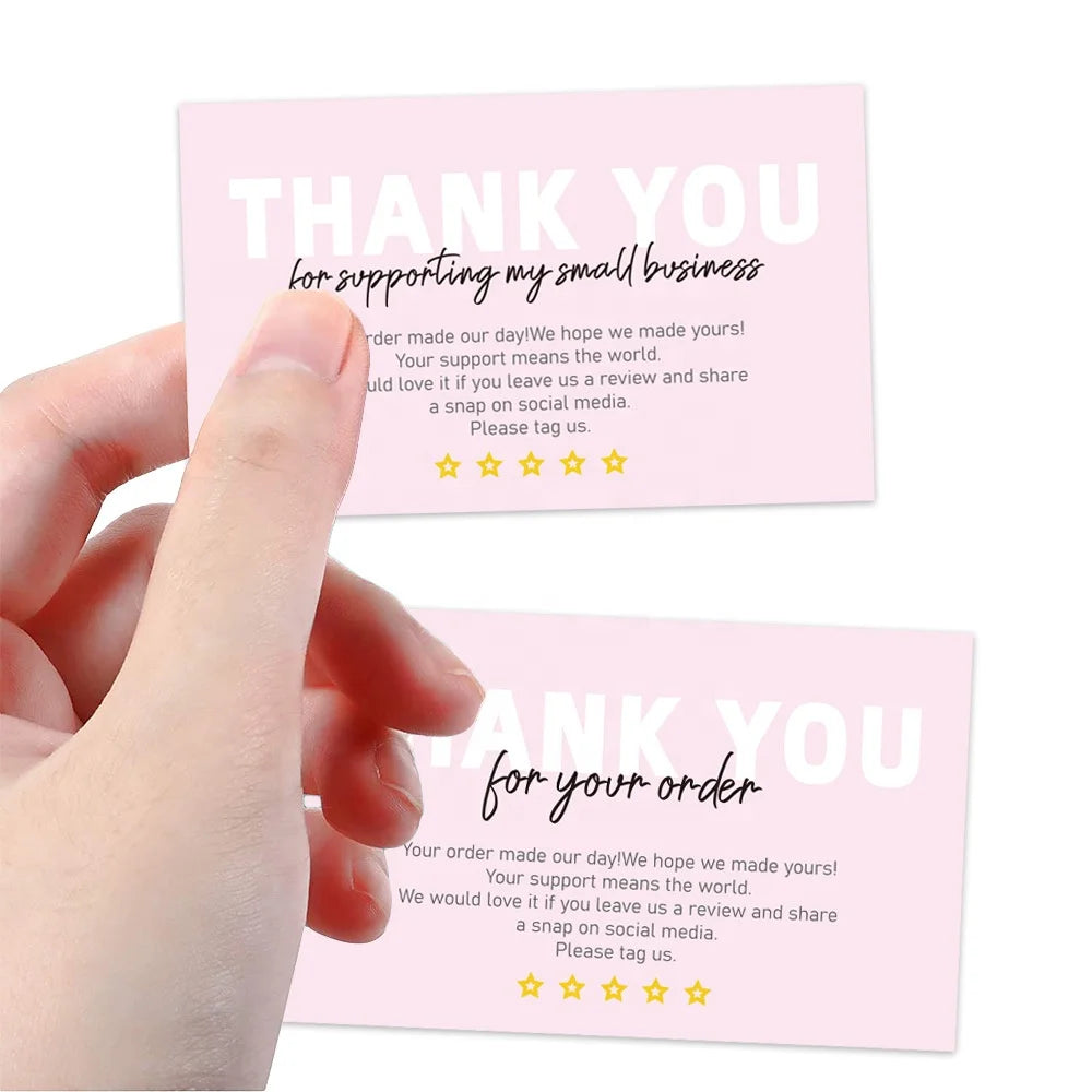 High Quality Pink Custom Paper Parcel Insert 'Thank You' Cards for Small Business Logo Greeting/Postcard/Wedding Bag Insert