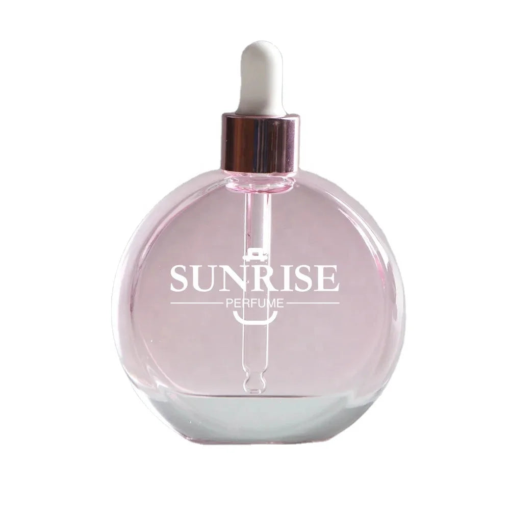 Sunrise Flat Round Eco-friendly Recyclable Glass Hair Serum Oil Dropper Bottles with Silver Cap and Screen Printing 50ml 60ml