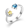 High Quality S925 Sterling Silver Moon and Star Rings Rhodium Plated Adjustable CZ Stone Wholesale Fine Jewelry