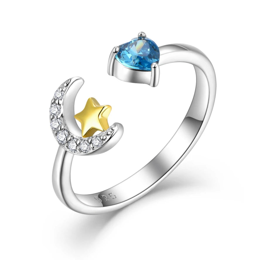 High Quality S925 Sterling Silver Moon and Star Rings Rhodium Plated Adjustable CZ Stone Wholesale Fine Jewelry
