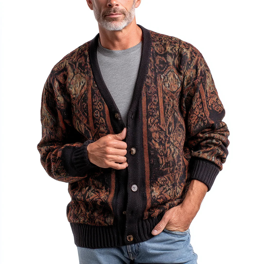 2026 Custom Men's Vintage-Inspired Jacquard Knit Cardigan Sweater Hot Selling Fashion Button Professional Manufacturer