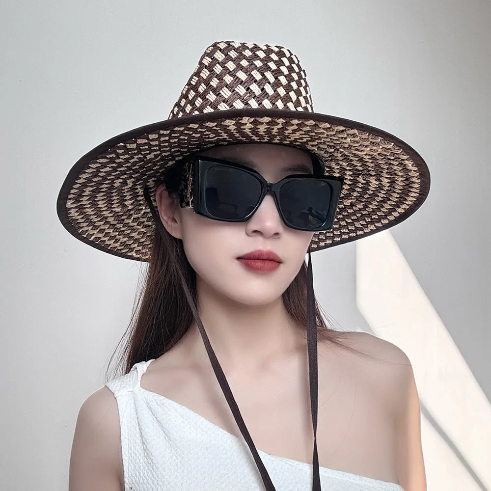 Wholesale 2025 Summer New Arrival Two Tone Hand Weave Big Brim Lifeguard Travel Sun Hat Western Cowboy Beach Paper Straw Hat