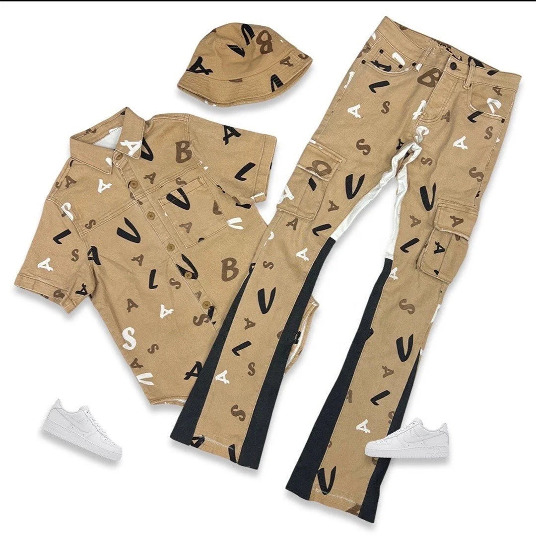 KY Streetwear All Over Print Summer Tactical Shirts for Men Short Sleeve Tactical Shirt and Flare Trousers With Buckle Hat