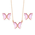 New Creative Blue Pink Red Green Yellow Rhinestone Glass Butterfly Gold Filled Necklace Set for Women