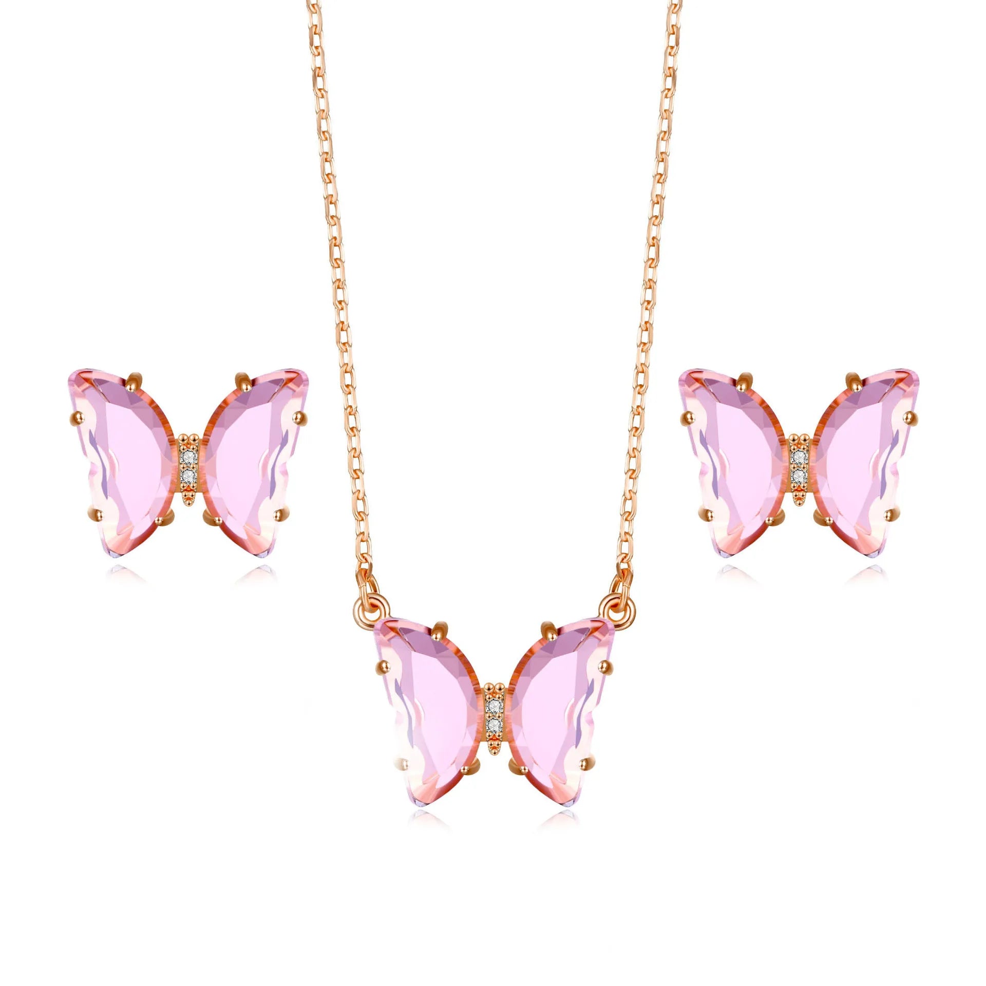 New Creative Blue Pink Red Green Yellow Rhinestone Glass Butterfly Gold Filled Necklace Set for Women