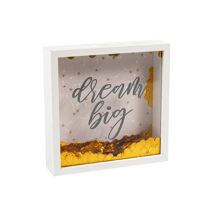 Jinnhome Square Shadow Box Frame With Glitter Decor Inside and Custom Text Print on Glass Background Picture Is Easy Changeable