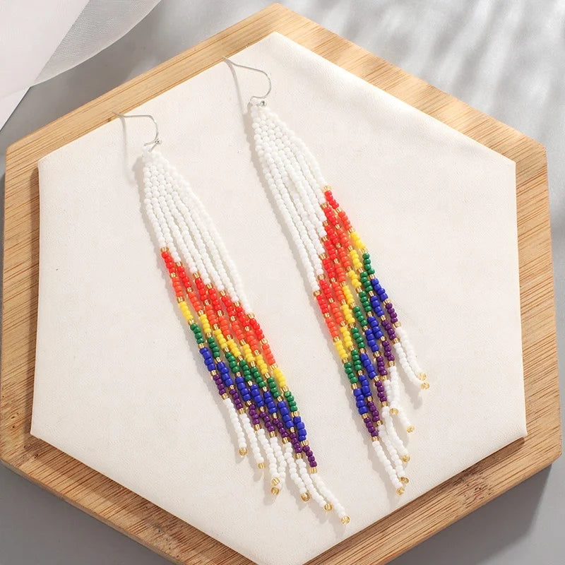 Glass Beads Rainbow Seed Beaded Huggie Earrings for Women Trendy Elegant Style for Wedding Party Great Gift