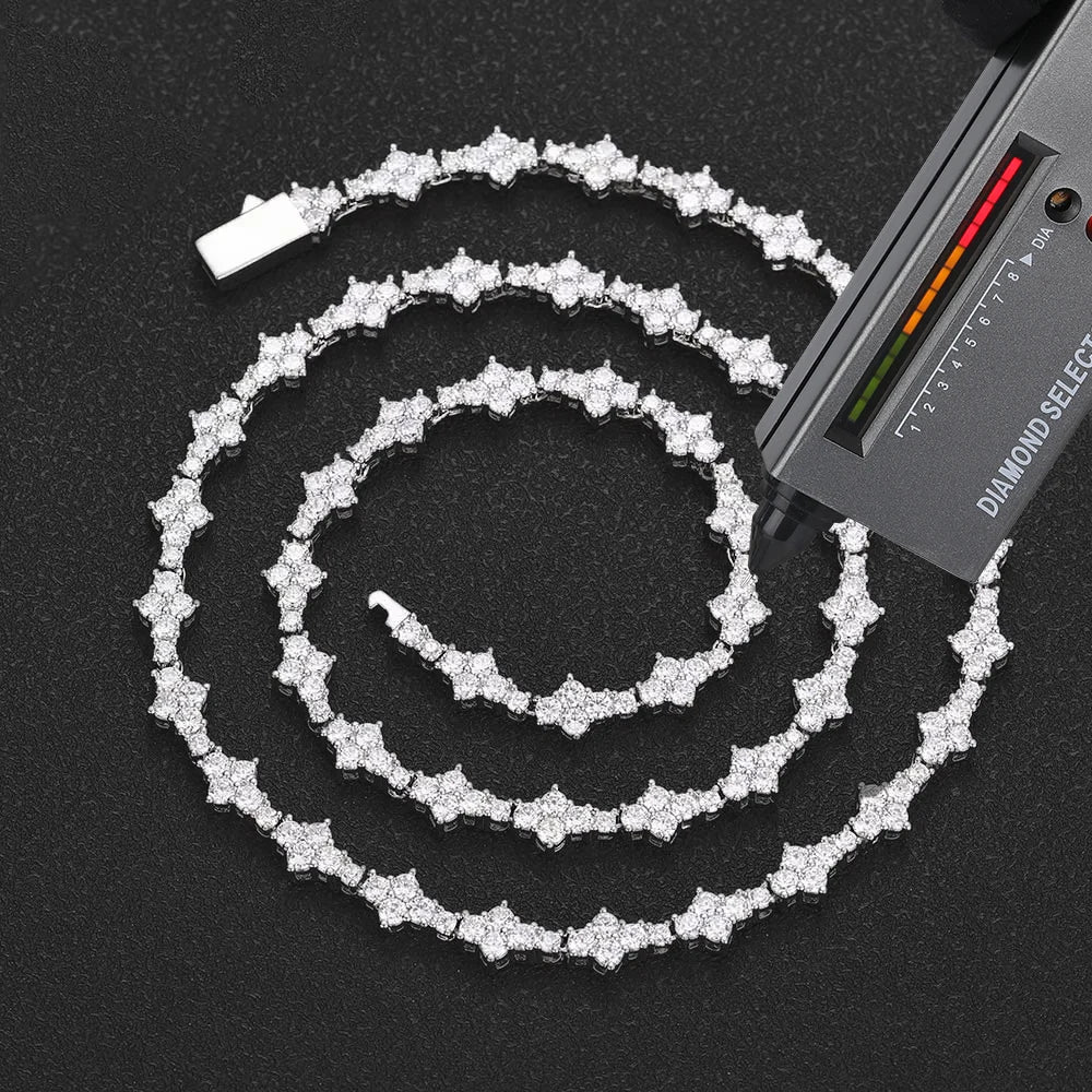 NUOYA 6.5mm Iced Out VVS Diamond Flower Shape Tennis Chain Hip Hop Jewelry 925 Sterling Silver Moissanite Tennis Chain Necklace