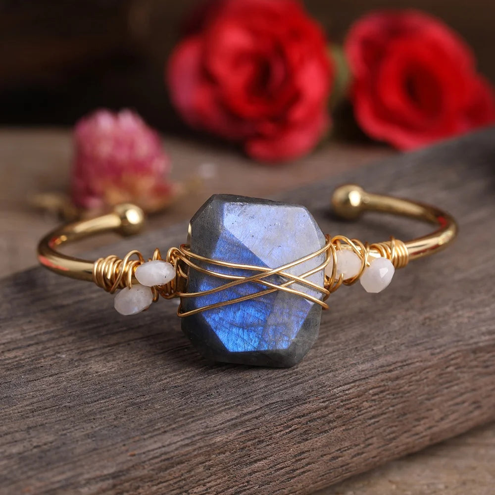 Fashion Women's Gold-Plated Brass Handmade Wire Wrapped Labradorite Jewelry Trendy Ladies Bangles
