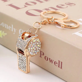 Creative Gifts Crystal Diamond Rhinestone Safety Survival Whistle Trendy Metal Key Chains Self Defense Bling Whistle Keychain