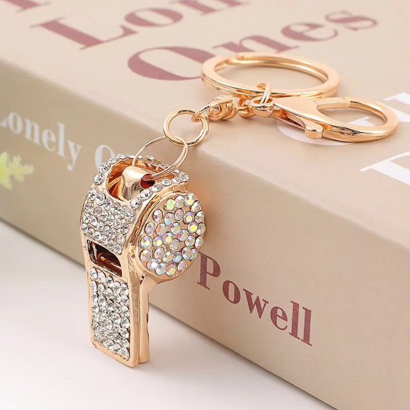 Creative Gifts Crystal Diamond Rhinestone Safety Survival Whistle Trendy Metal Key Chains Self Defense Bling Whistle Keychain