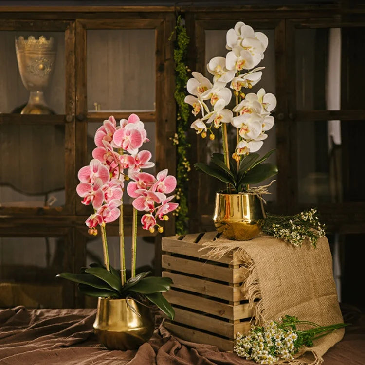 High Quality 3D Printing Butterfly Orchid Artificial Flower Stem Branch Real Touch Orchid in Vase Golden Pot