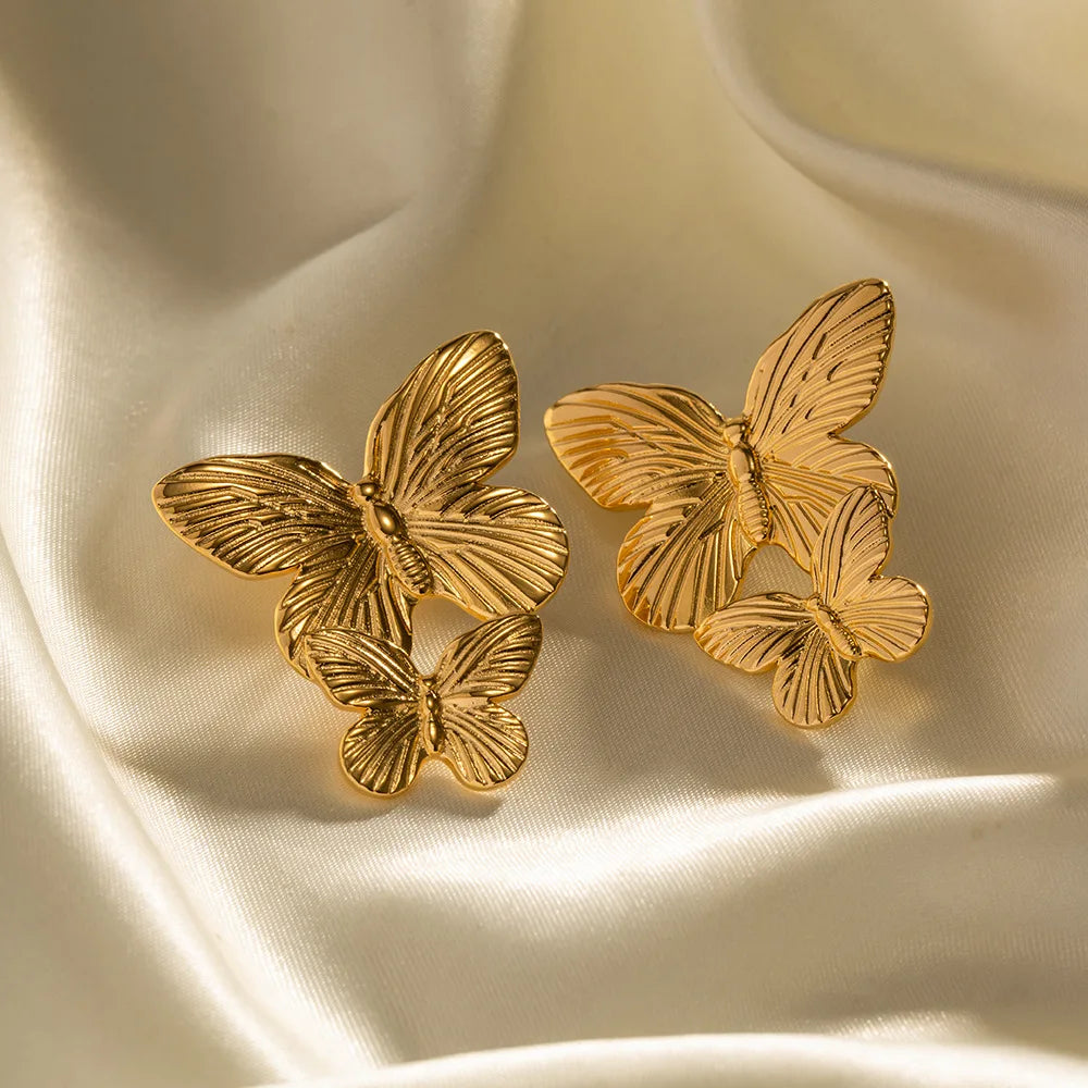 New Arrival Fashion Jewelry 18K Gold Plated Stainless Steel Earring Delicate Texture Double Butterfly Stud Earrings for Women