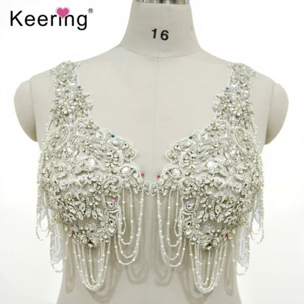 Bling Shinestone Silver Tassel Rhinestone Bodice Patch for Muslim Head Accessories WDP-321