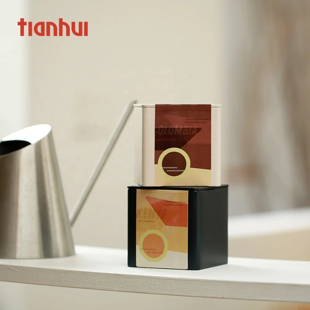 Tianhui Custom Food Grade Square Black Empty Coffee Bean Tin Container 70g 150g