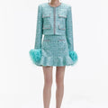 A9597 Fall and Winter  New Arrivals Green Tweed Long Feather Sleeve Jacket High Waist Skirt Set Sequined Elegant Women Suit