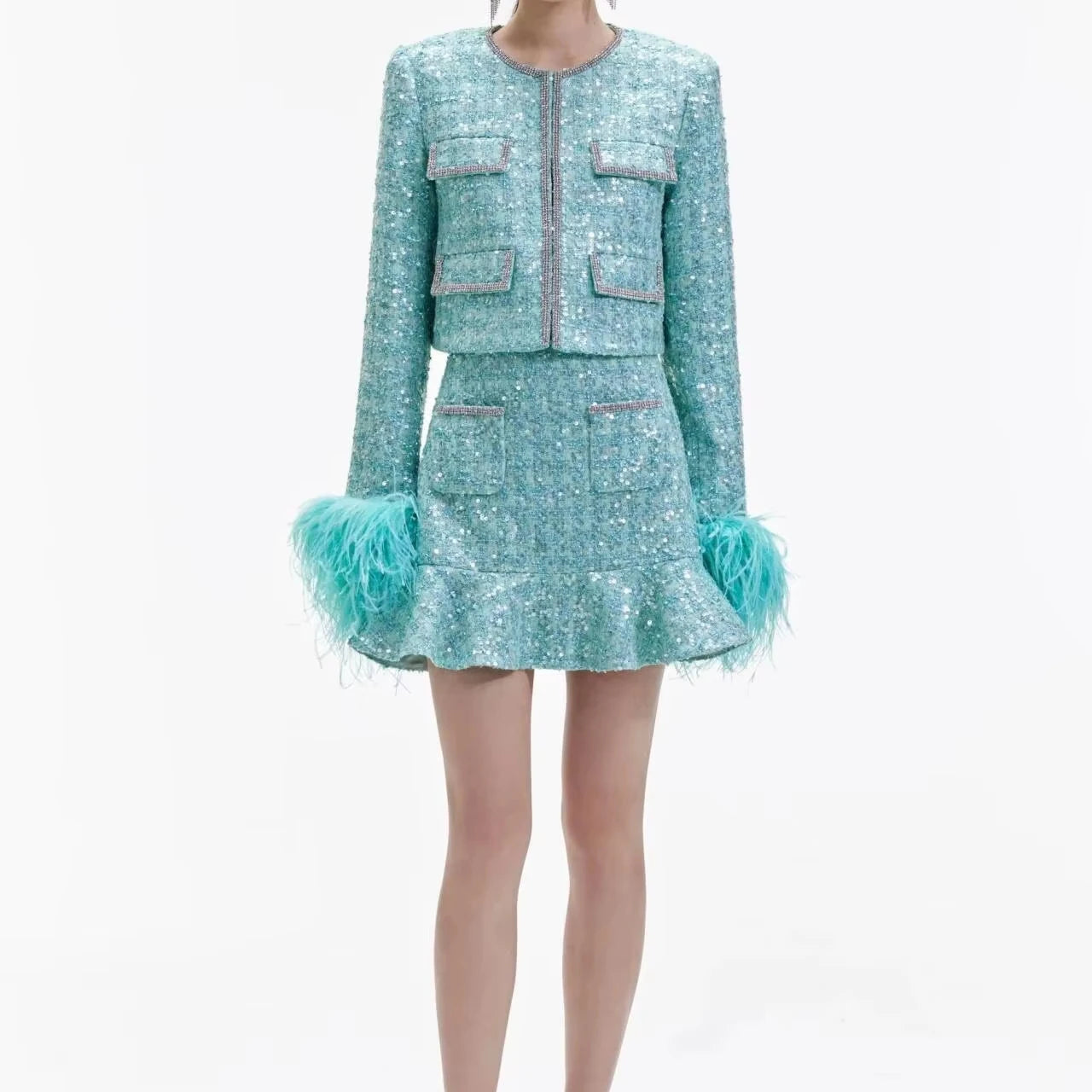 A9597 Fall and Winter  New Arrivals Green Tweed Long Feather Sleeve Jacket High Waist Skirt Set Sequined Elegant Women Suit