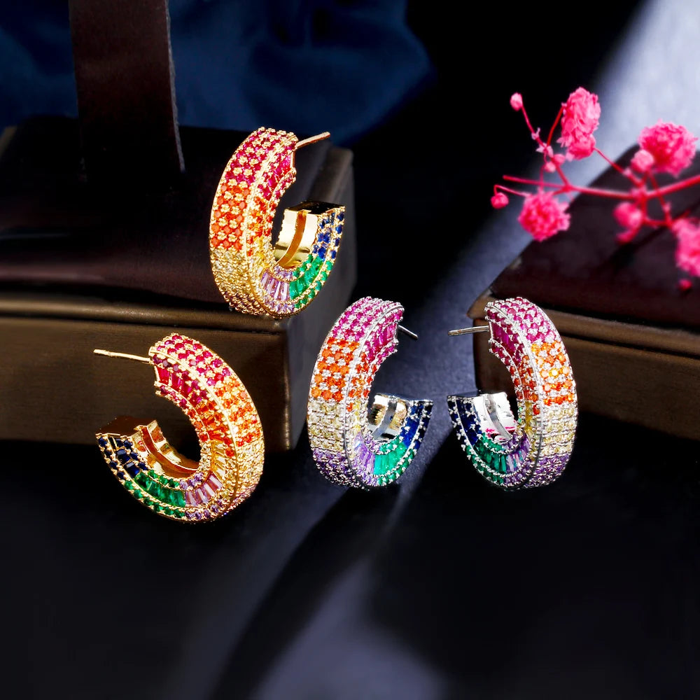 Luxury Dainty Half Round C Shape Multicolor Rainbow CZ Women Hoop Earrings 18k Gold Plated Heavy Cubic Zirconia Party Jewelry