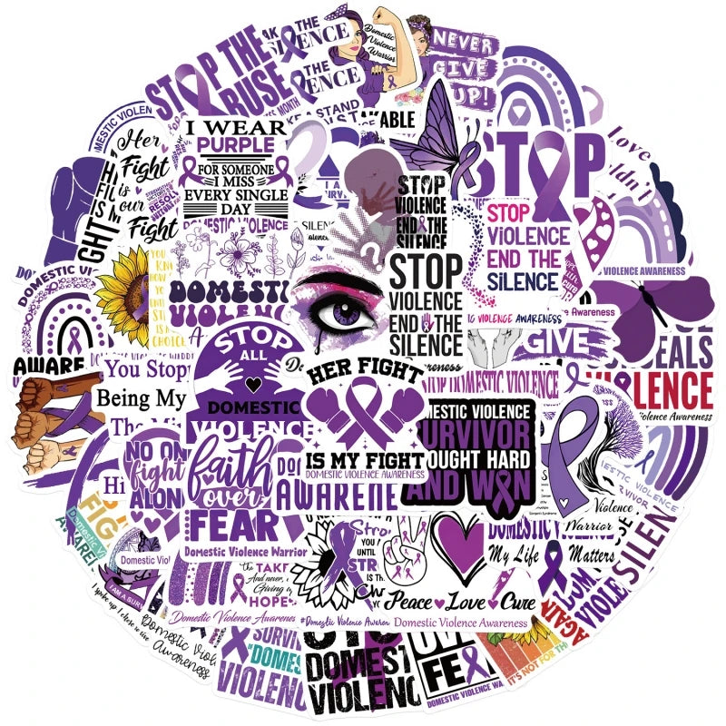 50pcs Purple Ribbon Cartoon Stickers Domestic Violence Awareness Design for Water Bottles Laptop Phone Stop Domestic Violence