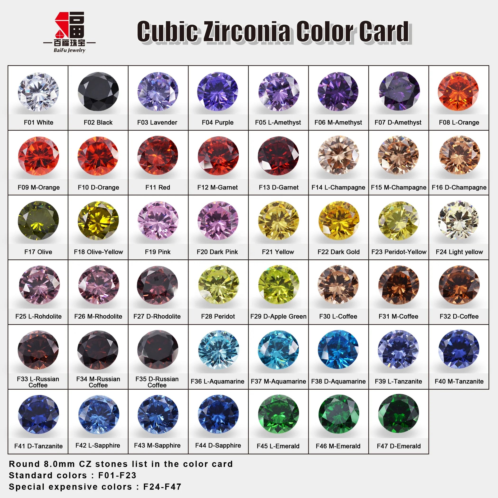 Baifu Jewelry 47 Colors Round 8.0mm Samples Color Cubic Zircon
