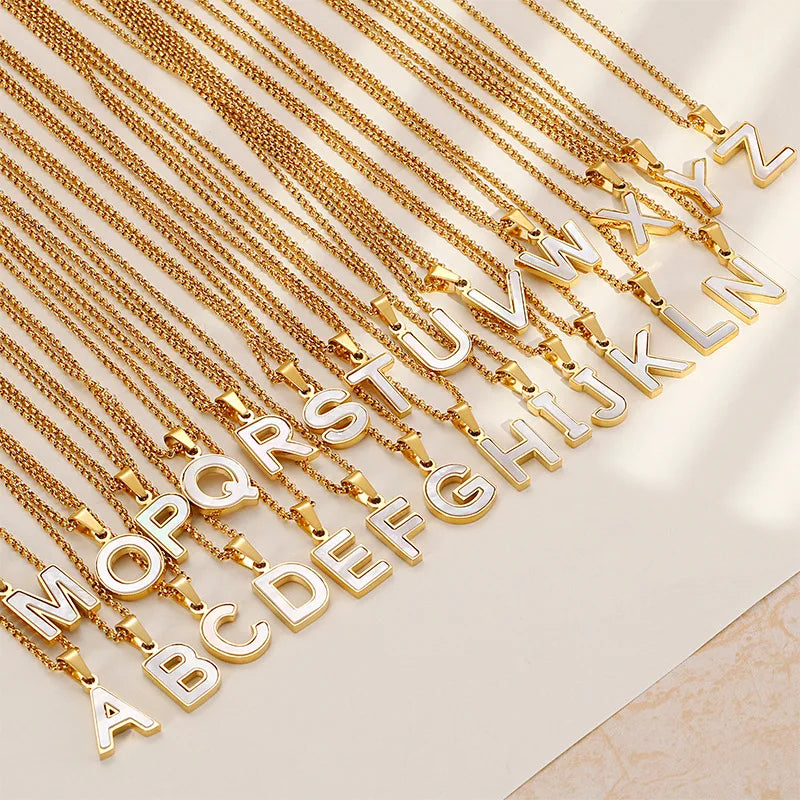 Gold Plated Alphabet White Shell Stainless Steel 26 Initial Letter Pendant Necklace