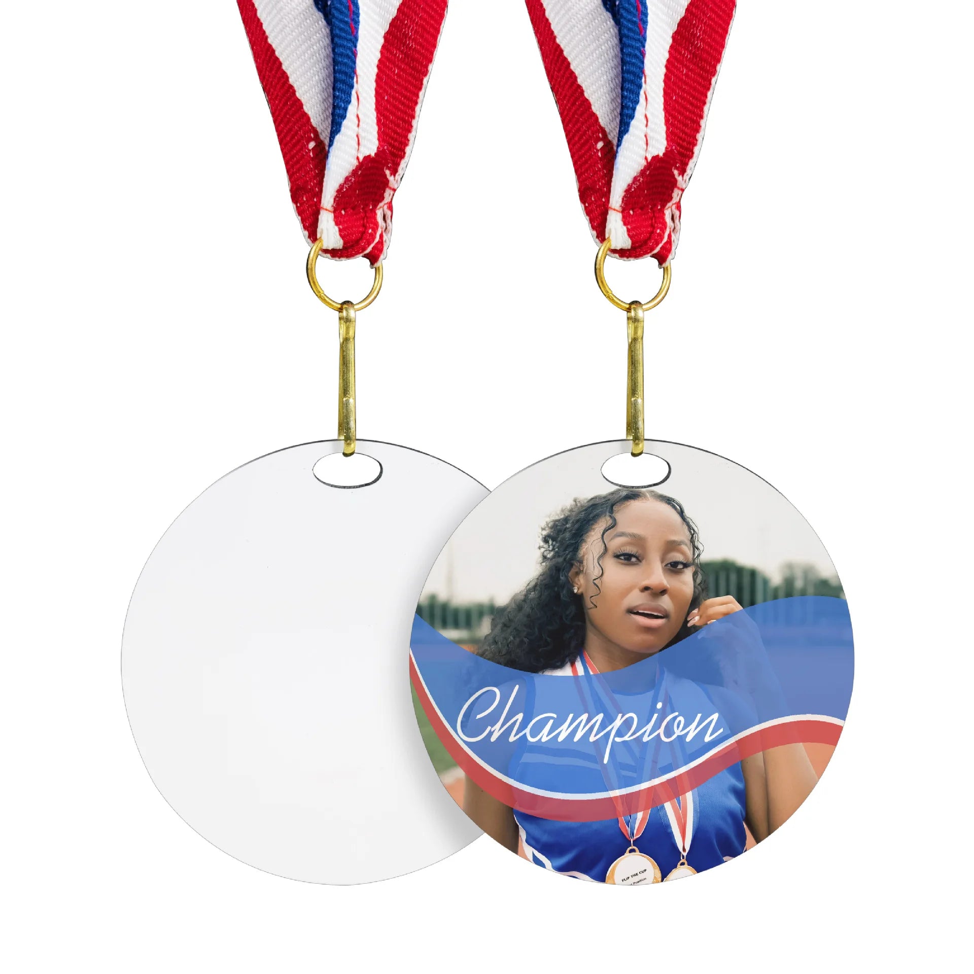 2.56 Inches 65mm Sublimation Blanks MDF Medals With Blue Red Ribbon for School/Company/Office Use