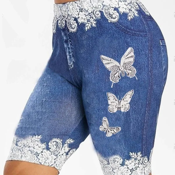 Guangzhou Auyan New Butterfly Print Leggings Popular Hip Lifting Stretch High Waist Short Jeans Leggings