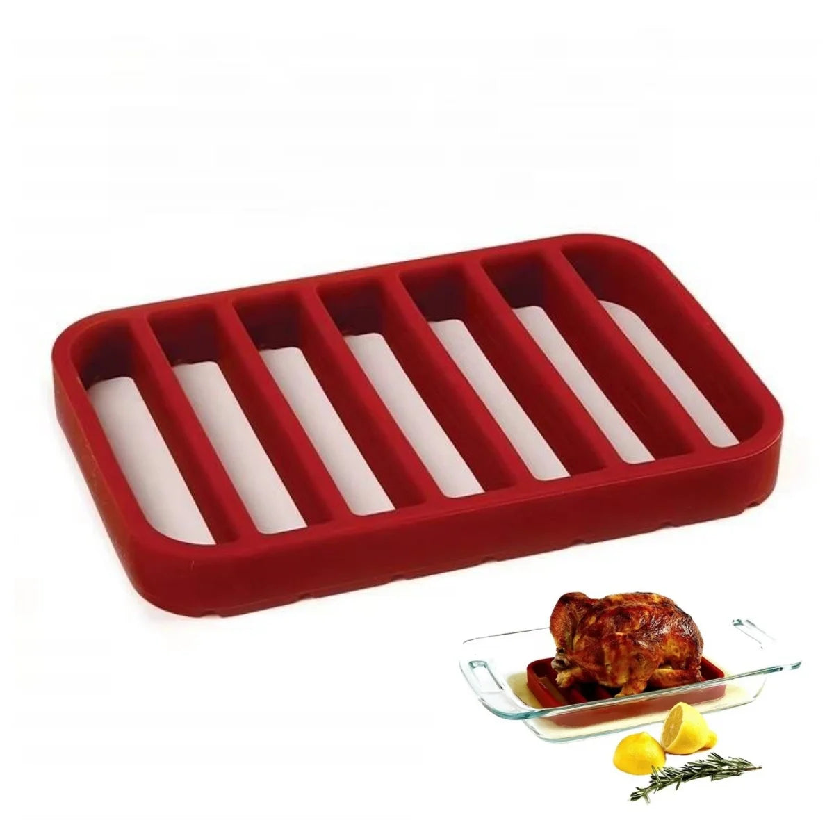 Rectangle Red Silicone Non-Stick & Easily Cleaned Roasting Rack in Box Packaging by AOKE