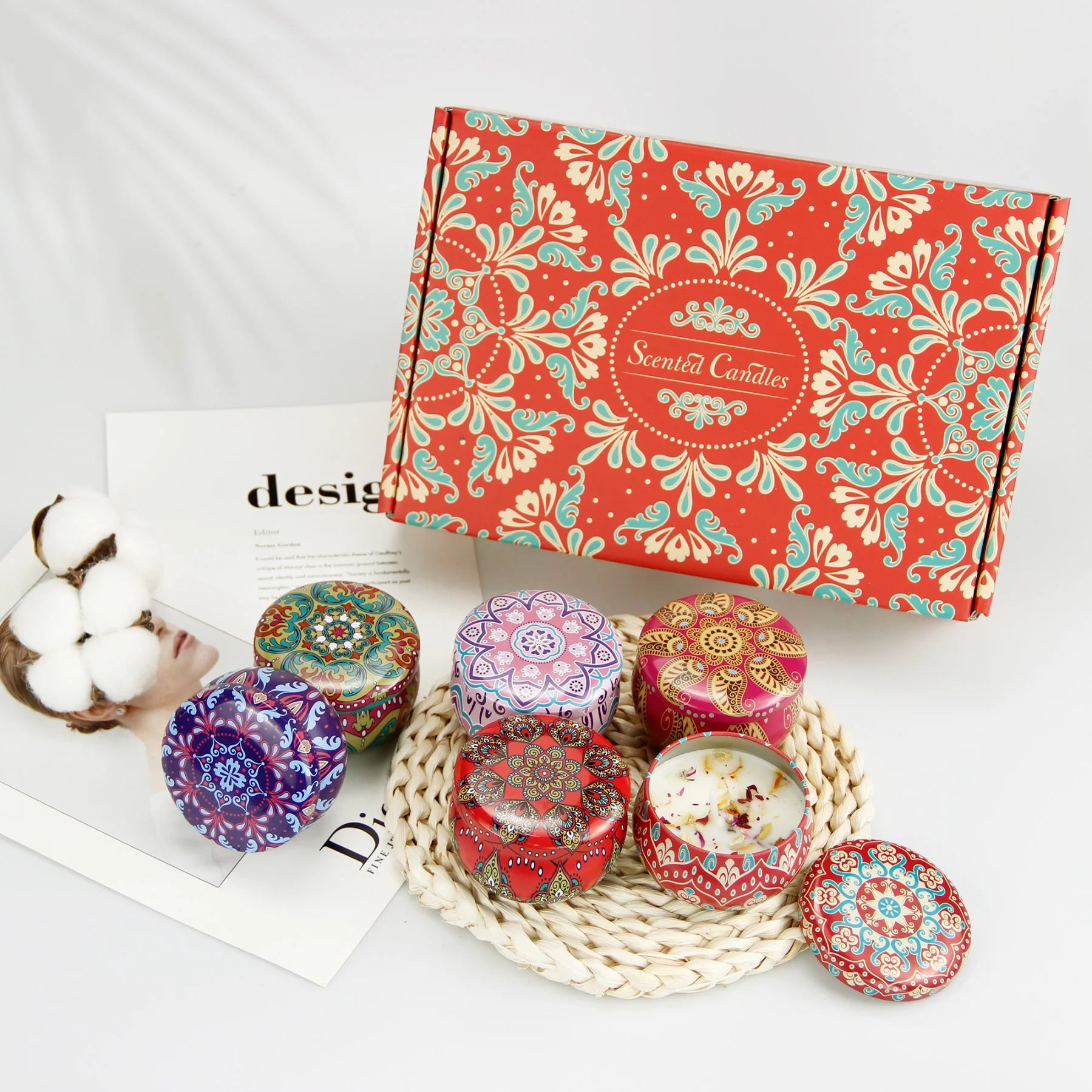 Low MOQ Ready Ship Set 6 Color Gift Box 2.2 oz Soy Wax Handmade Scented Candle Dry Flower Metal Christmas Home Decoration
