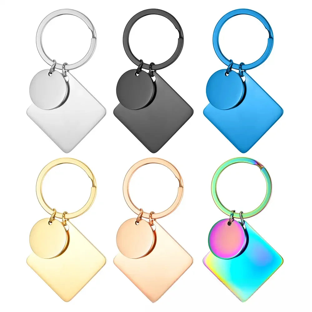 Stainless Steel Keychain Blank Charm Mirror Polish Metal Square and Round Double Pendant for Jewelry Making DIY Engraving Gift