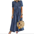 Plus Size Women Denim Dress Short Sleeve Button up Casual Maxi Jean Dress for Women