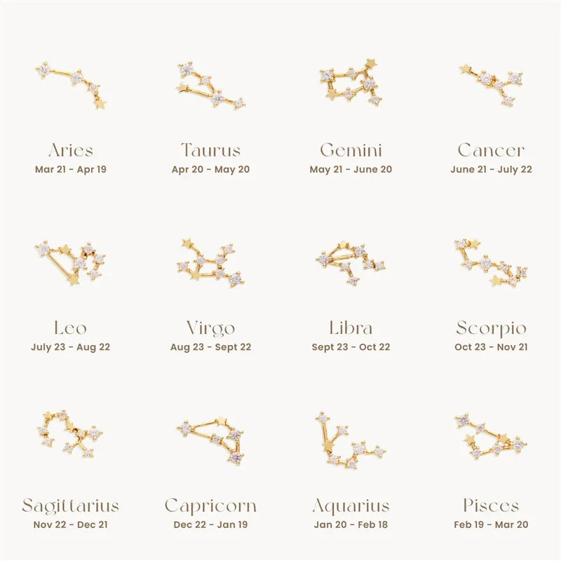 Minimalist 18 k Gold Plated 925 Sterling Silver Cubic Zircon Diamond Zodiac Stud Earring for Women