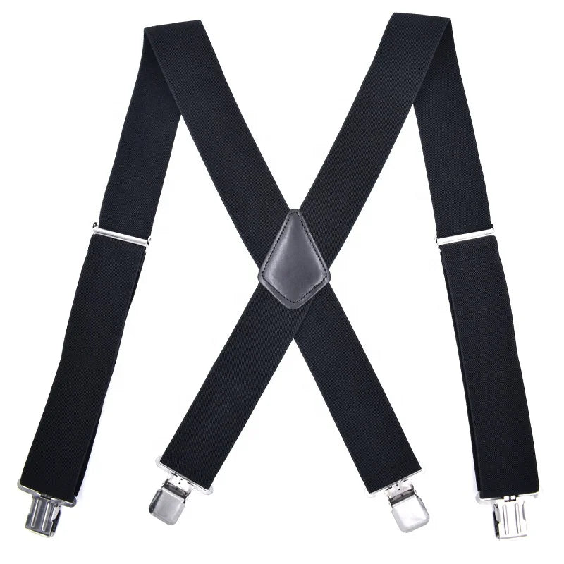 Wholesale Solid Black Elastic Stretch Men's X-Back 2 Inches Wide Heavy Duty Clips Adjustable Suspenders for Work