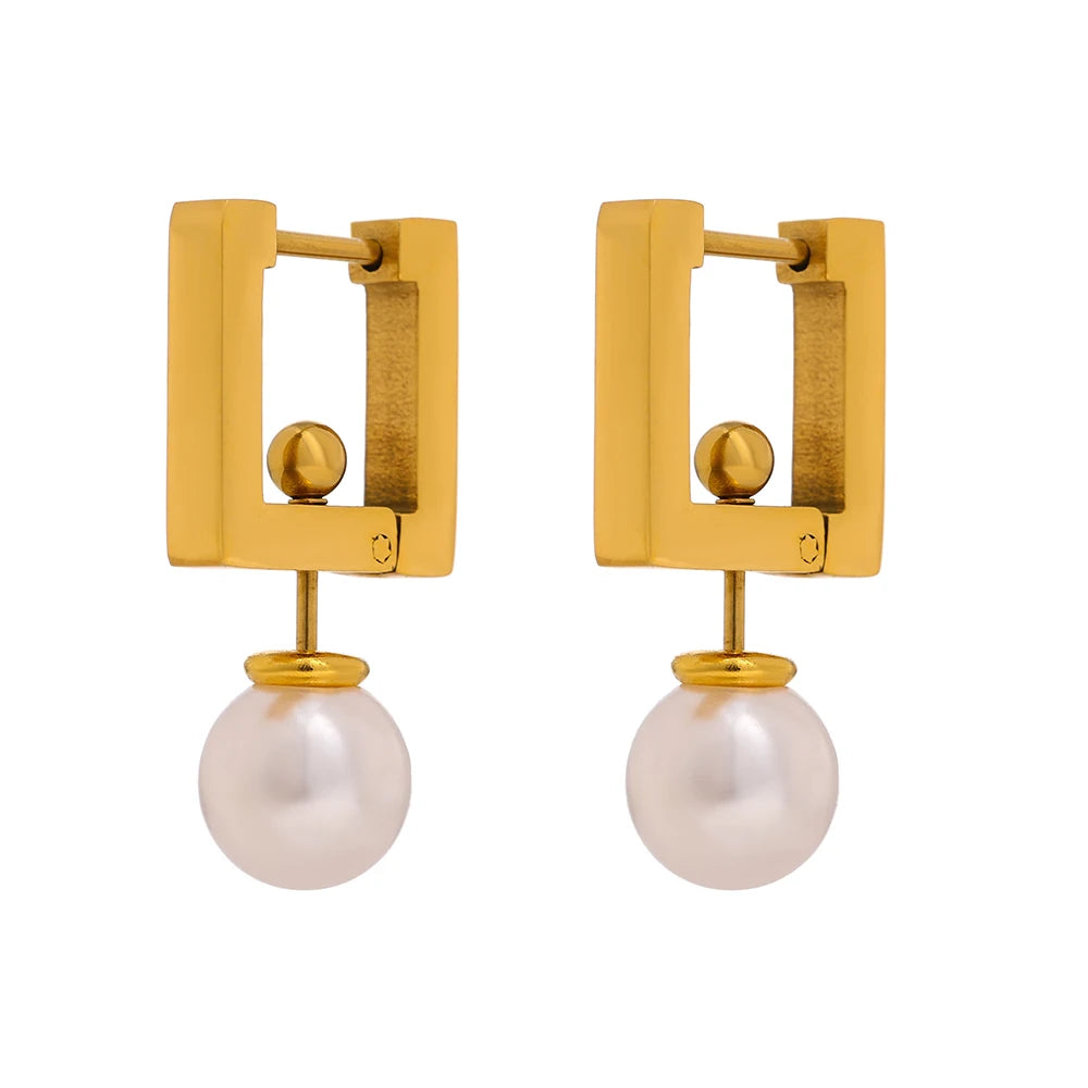 JINYOU 669 Elegant  Pearls Unusual Earrings 316L Stainless Steel Square Hoop Earrings Jewelry