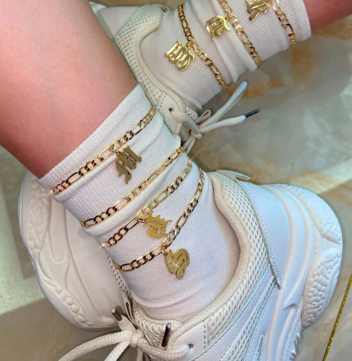 Water Resistant Custom Logo New Design Initial Letter Unisex Gift Anklet 26 A-z Old English Alphabet Gold Plated Stainless Steel