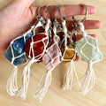 Handmade Ethnic Style Large Natural Fluorite Stone Keychain Woven Technique with Cat Pattern Lucky Bag Pendant Transparent Color