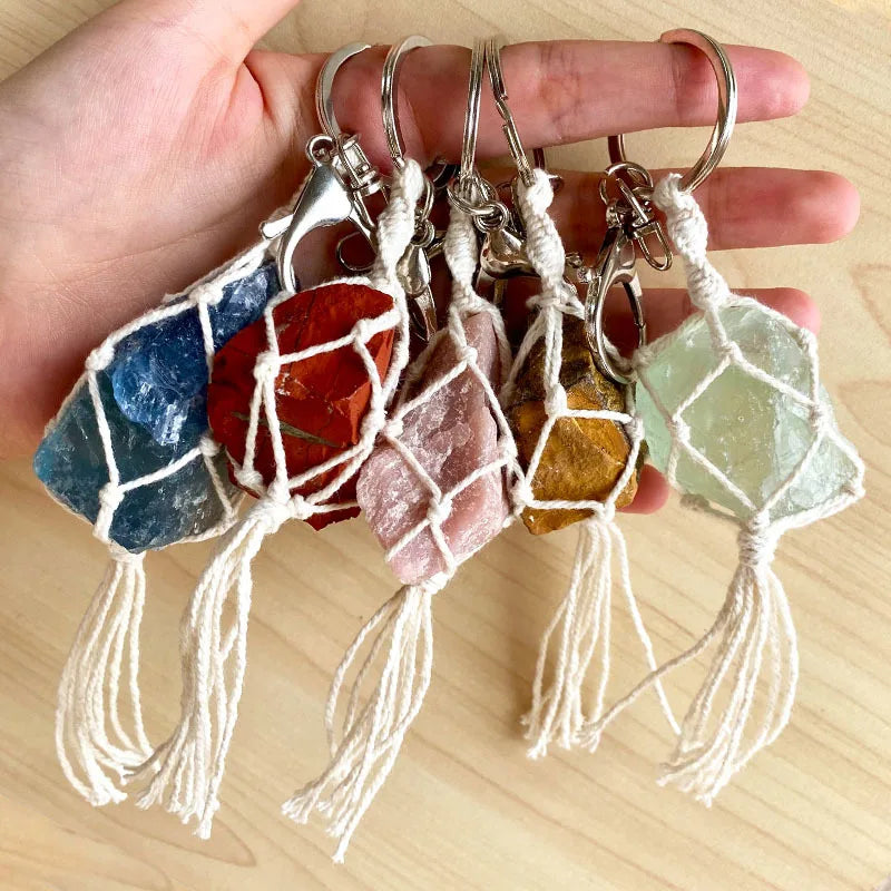 Handmade Ethnic Style Large Natural Fluorite Stone Keychain Woven Technique with Cat Pattern Lucky Bag Pendant Transparent Color