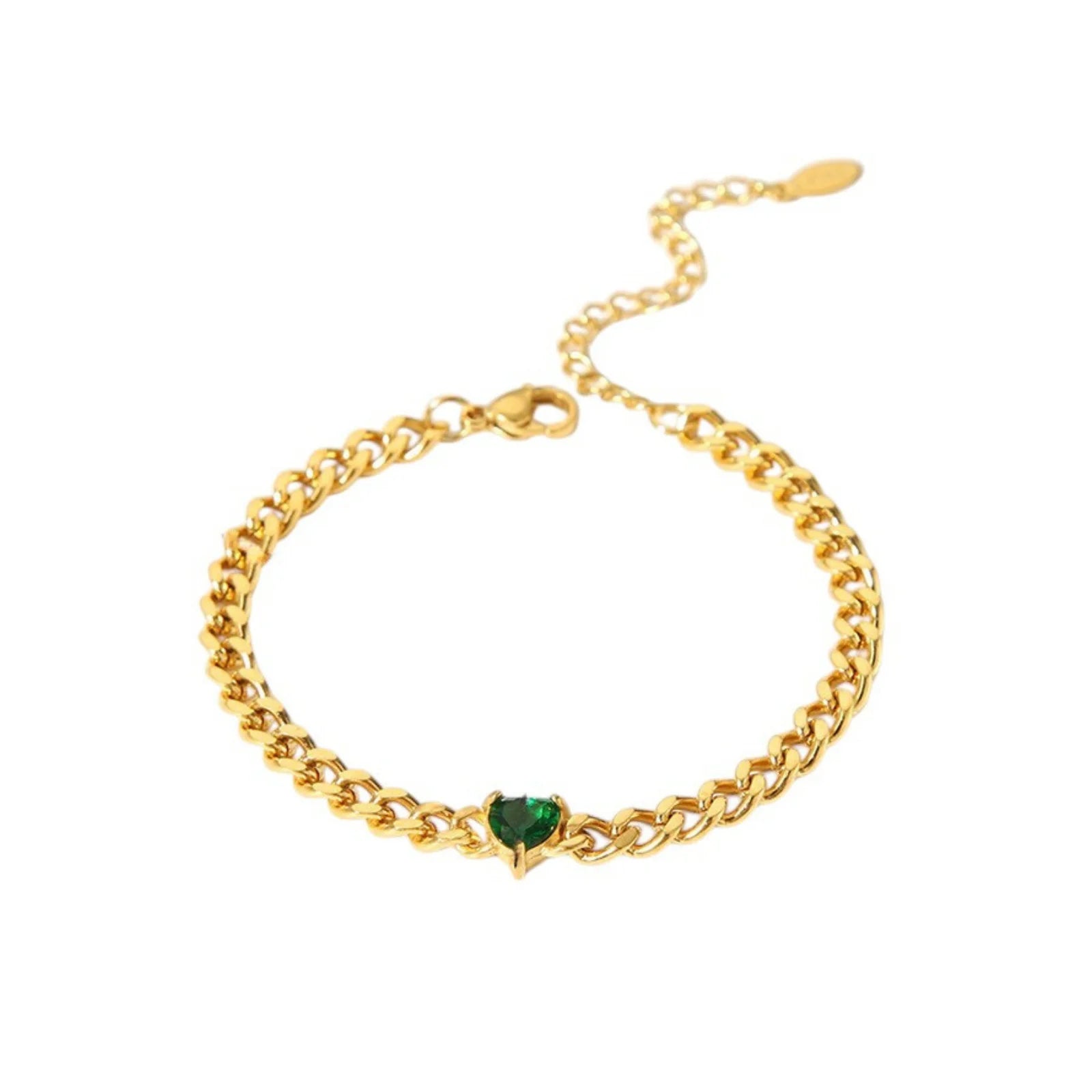 Anti Tarnish 18K Gold Plated Jewelry Waterproof Women Bracelet Stainless Steel Green Zirconia Hear Charm Chain Bracelets