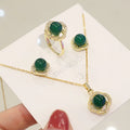 Vintage Stainless Steel Jewelry Set Jade Bridal Jewelry Set Micro Paved Cz Green Gemstone Emerald Necklace Ring Earrings Set