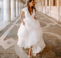 11494# Cap Sleeve Deep V-Neck Wedding Gown A-Line Bohemian Sweep Train Wedding Dress Wedding Gown Bridal Gown