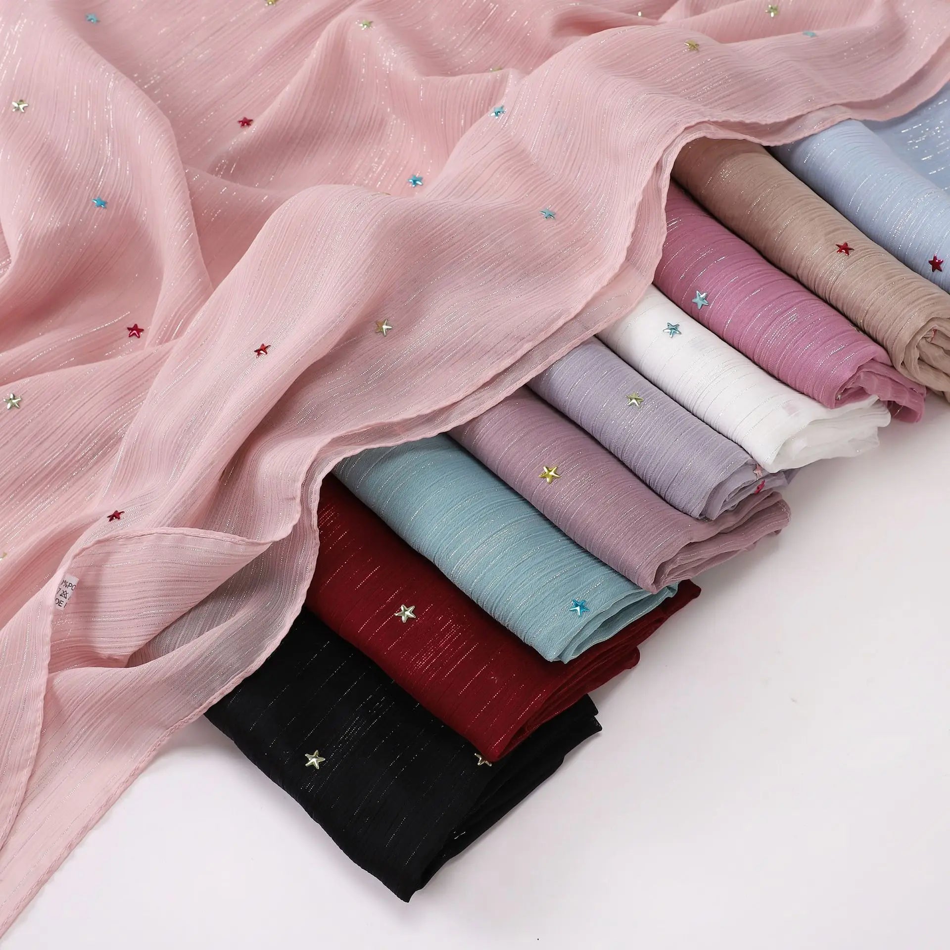 CCY Wholesale Women Glitter Chiffon Shawl with Colorful Stars Pleated Shimmer Long Muslim Hijab Head Scarf