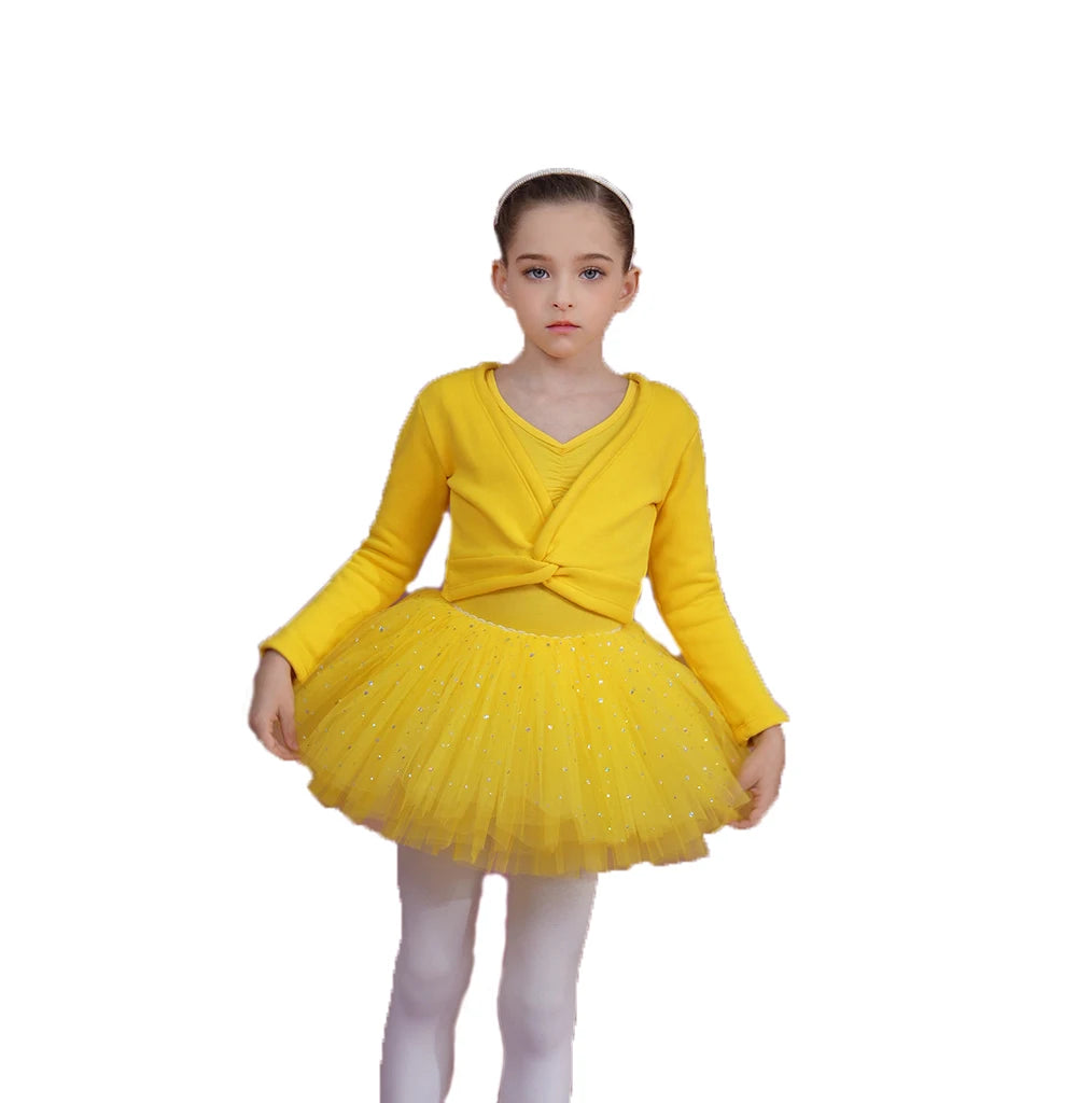 Girls Ballet Wrap Tops Kids Long Sleeve Dance Sweater Velvet Inner